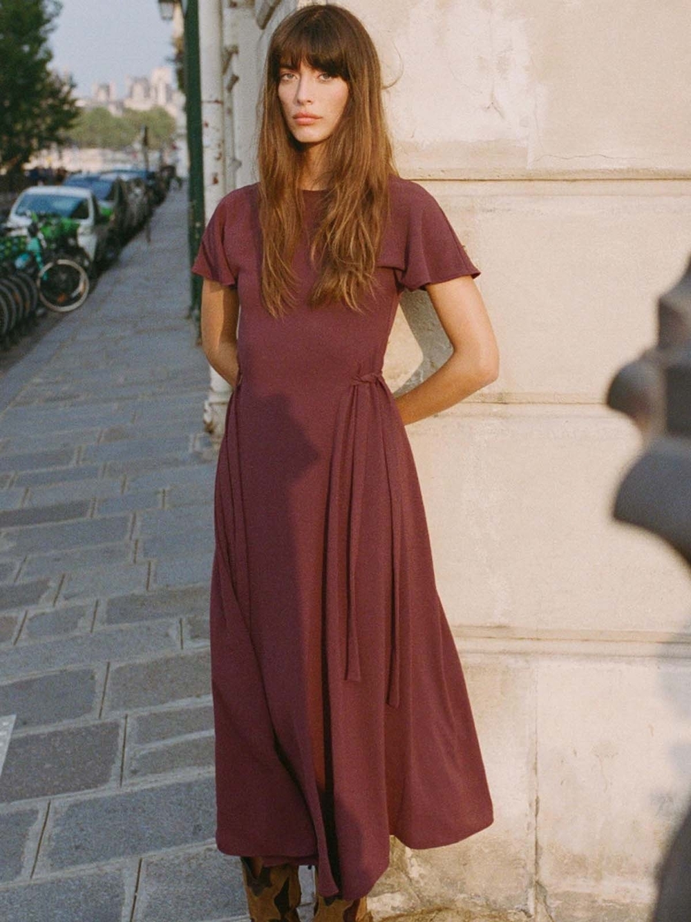 Zara Burgundy Midi Dress with Tie Waist